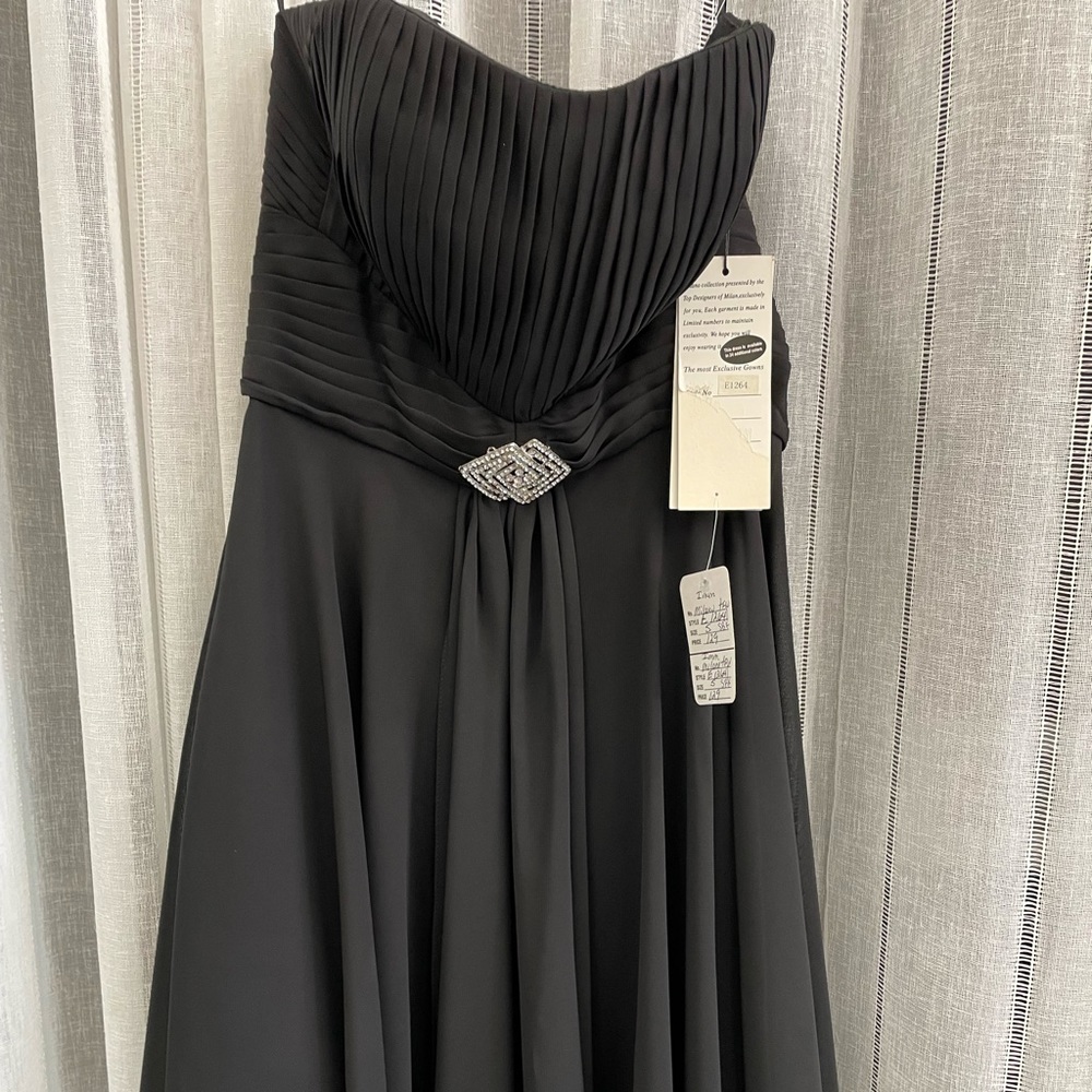 Short Strapless Formal Dress by Milano size Small, grey with rhinestone broach